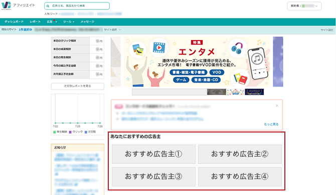 ダッシュボードの画面
